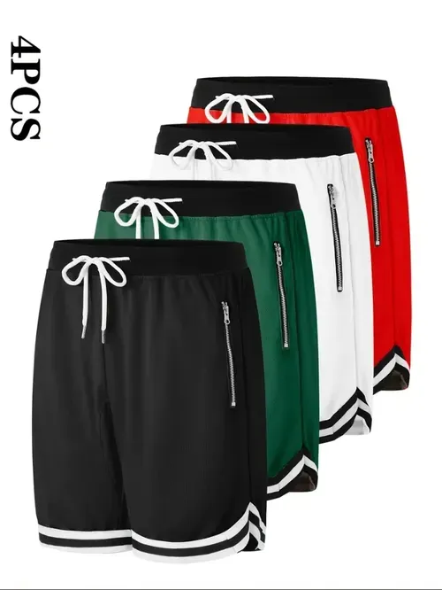 Lot de 4 shorts de sport décontractés pour hommes avec poches zippées - Polyester respirant, ceinture élastique, vêtements de basket-ball et de sport multicolores, lavables en machine