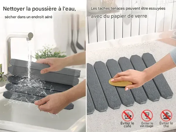 Tapis égouttoir à vaisselle Msercuor en grande pierre (61 x 41 cm), en terre de diatomées, pliable, à drainage rapide, pour plan de travail de cuisine, avec papier de verre et sous-verres antidérapants.