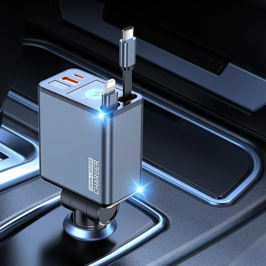 Chargeur Voiture Rétractable Ultra-Rapide 66W 4-en-1 avec Câbles Intégrés