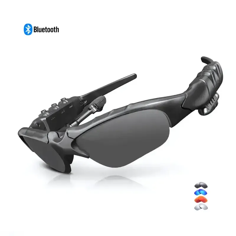 Lunettes de soleil intelligentes audio sans fil – Lunettes de sport Bluetooth avec écouteurs intégrés, verres teintés relevables, appels et musique mains libres, taille ajustable pour hommes et femmes (noir-bleu-jaune)