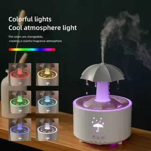 Veilleuse LED colorée avec télécommande, parapluie rotatif, humidificateur à gouttes d'eau, diffuseur d'huiles essentielles à ultrasons pour bureau