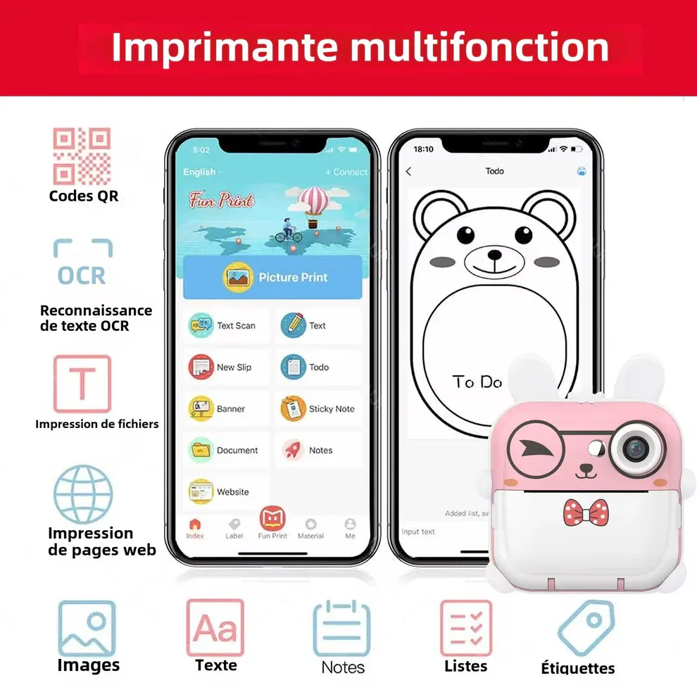 Appareil Photo Instantané pour Enfant – Impression, Vidéo, Jeux, Écran HD, Application Fun Print pour Connecter à un appareil et Personnalisation, 3 Rouleaux Inclus, Oreilles Lumineuses