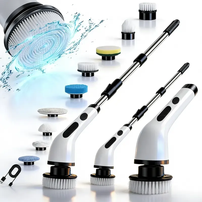 Brosse de nettoyage électrique rotative sans fil, étanche IPX7, utilisable sur de nombreuses surfaces, longue autonomie, 5 vitesses réglables, poignée extensible, 9 têtes de brosse interchangeables, kit de nettoyage multi-usages pour salle de bain et cuisine.