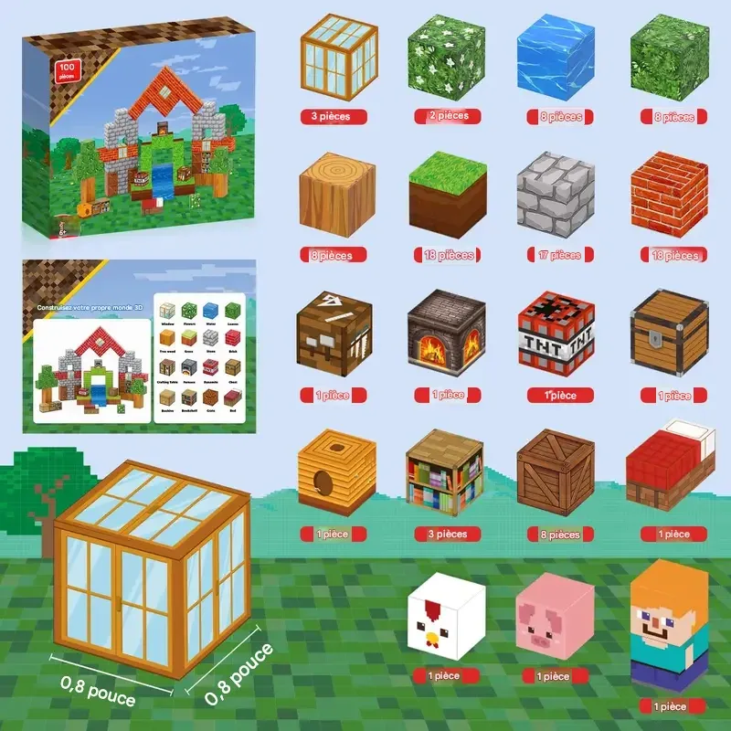 Blocs magnétiques - 100 pièces de blocs de construction magnétiques, tuiles magnétiques à empiler, ensemble de construction de monde magnétique, jouets sensoriels STEM Montessori, blocs magnétiques, cubes, créativité, amusement en plein air, blocs magnétiques Minecraft