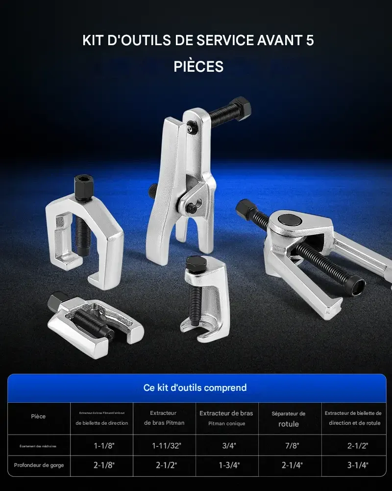 Kit d'outils multifonctions OMT 5 en 1 : séparateur de rotules robuste, extracteur de bras Pitman, kit d'outils pour embouts de biellette de direction, kit de démontage de séparateur. Idéal pour l'entretien du train avant, comme cadeau pour homme, pour la réparation automobile à domicile ou comme boîte à outils pour l'entretien automobile.