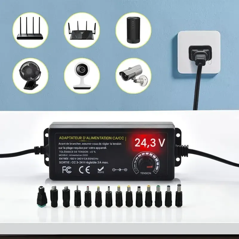 Alimentation universelle SnapFixMate, convertisseur de prise, réglable de 3,5 à 24 V à 2 A, adaptateur secteur CC, prise américaine, avec écran LCD et affichage numérique, câblage pour inversion de polarité inclus et 14 connecteurs.