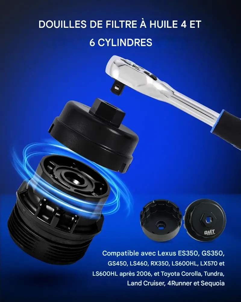 Jeu de 10 douilles Orion Motor Tech pour filtre à huile, profil bas, pour le démontage et la pose du bouchon de filtre à huile (24 mm, 27 mm, 29 mm, 30 mm, 32 mm, 36 mm, 38 mm). Compatible CR-V avec Toyota, VW, BMW et Mercedes. Entretien automobile.