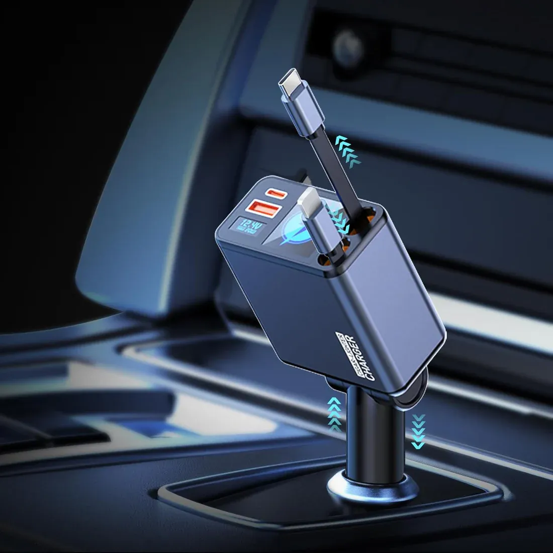Chargeur Voiture Rétractable Ultra-Rapide 66W 4-en-1 avec Câbles Intégrés