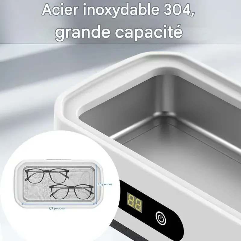 Nettoyeur à ultrasons avec cuve en acier inoxydable 304. Appareil de nettoyage sonique pour lunettes, bagues, bracelets de montre, prothèses dentaires, appareils de contention, pièces de monnaie, outils de maquillage et petites pièces métalliques. Usage domestique et en voyage.