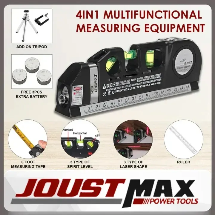 Niveau laser 4 en 1 Fixit Pro 3 Outil de mesure polyvalent 4 en 1 avec ruban de 8 pieds