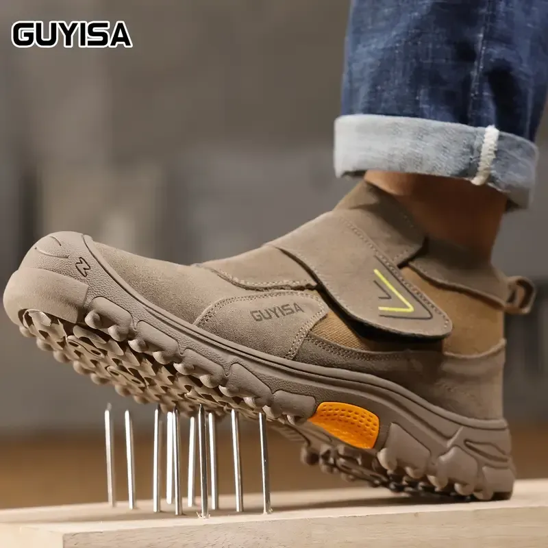 Chaussures de sécurité, chaussures de protection du travail, résistantes aux chocs, résistantes aux perforations, résistantes aux étincelles, doublées d'acier, semelles en caoutchouc, bout rond, tube intermédiaire, velcro, semelle plate, chantier de soudeur, quatre saisons marron