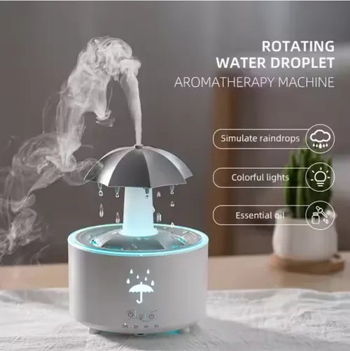 Veilleuse LED colorée avec télécommande, parapluie rotatif, humidificateur à gouttes d'eau, diffuseur d'huiles essentielles à ultrasons pour bureau