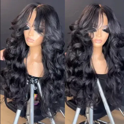 Perruques de cheveux humains ondulés lâches de densité complète de 250 % 13x4 perruques frontales en dentelle ondulée océanique avec frange rideau-Geeta Hair