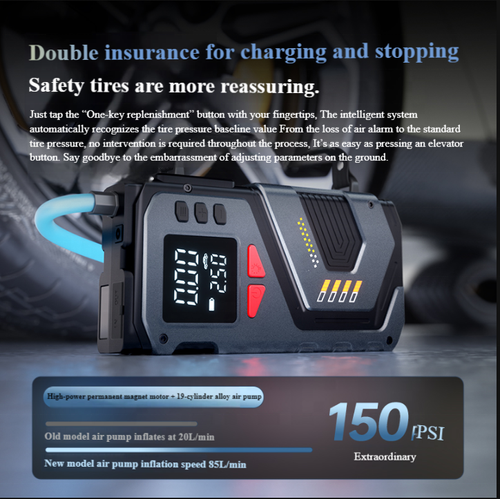 Compresseur d'air portable puissant 6000 mAh, 150 PSI, démarreur de secours, gonflage de pneus de voiture avec booster de batterie, mini pompe à air