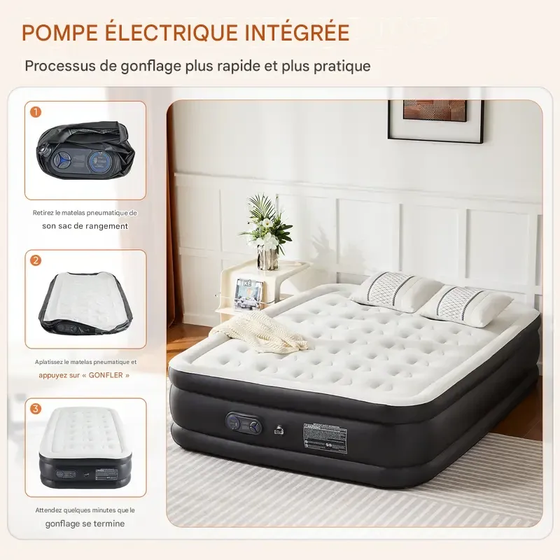 Matelas pneumatique gonflable avec pompe intégrée haute capacité, double hauteur, réglable et fond antidérapant.