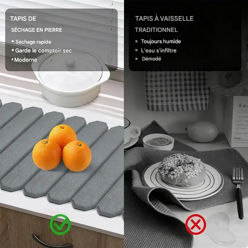 Tapis égouttoir à vaisselle Msercuor en grande pierre (61 x 41 cm), en terre de diatomées, pliable, à drainage rapide, pour plan de travail de cuisine, avec papier de verre et sous-verres antidérapants.