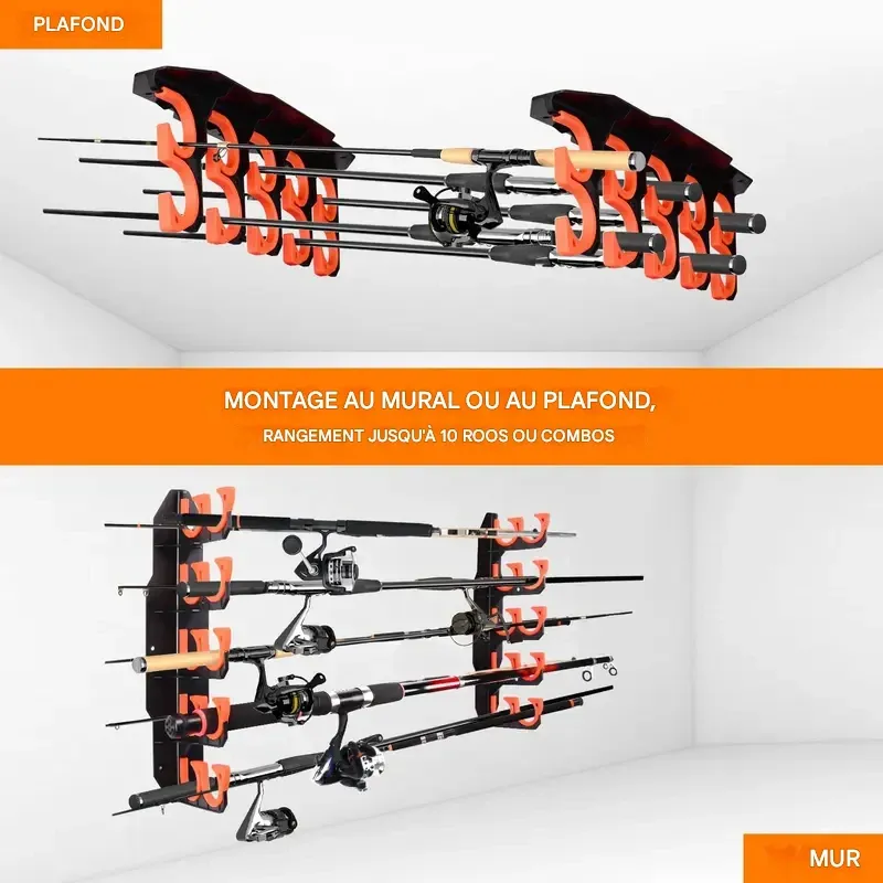 Supports pour cannes à pêche Hikeen, supports pour cannes à pêche pour garage, support mural ou de plafond pouvant contenir 10 cannes