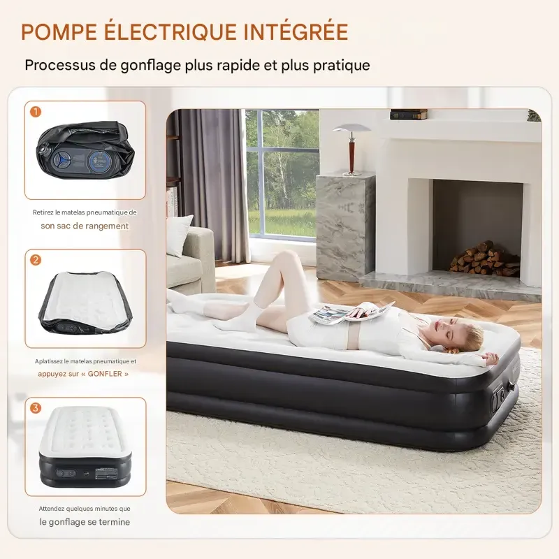 Matelas pneumatique gonflable avec pompe intégrée haute capacité, double hauteur, réglable et fond antidérapant.