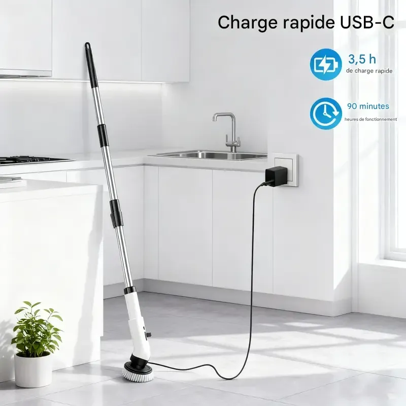 Brosse de nettoyage électrique rotative sans fil, étanche IPX7, utilisable sur de nombreuses surfaces, longue autonomie, 5 vitesses réglables, poignée extensible, 9 têtes de brosse interchangeables, kit de nettoyage multi-usages pour salle de bain et cuisine.