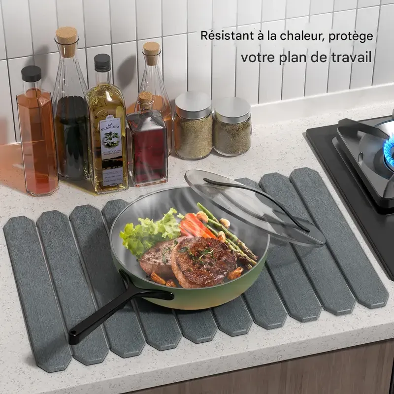 Tapis égouttoir à vaisselle Msercuor en grande pierre (61 x 41 cm), en terre de diatomées, pliable, à drainage rapide, pour plan de travail de cuisine, avec papier de verre et sous-verres antidérapants.