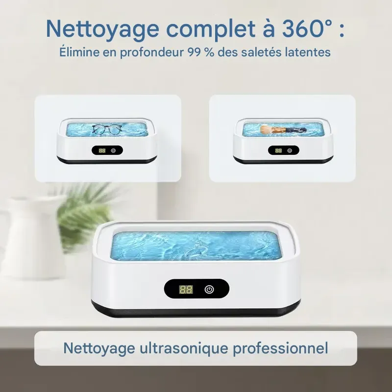 Nettoyeur à ultrasons avec cuve en acier inoxydable 304. Appareil de nettoyage sonique pour lunettes, bagues, bracelets de montre, prothèses dentaires, appareils de contention, pièces de monnaie, outils de maquillage et petites pièces métalliques. Usage domestique et en voyage.
