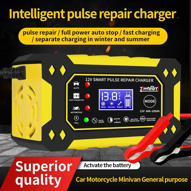 Chargeur de batterie intelligent 12 V 6 A avec réparation par impulsions et affichage numérique – Multimode, multiprotection pour batteries plomb-acide de voitures, motos et SUV (prise UE), batterie rechargeable