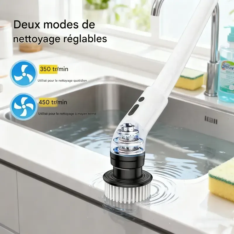 Brosse de nettoyage électrique rotative sans fil, étanche IPX7, utilisable sur de nombreuses surfaces, longue autonomie, 5 vitesses réglables, poignée extensible, 9 têtes de brosse interchangeables, kit de nettoyage multi-usages pour salle de bain et cuisine.