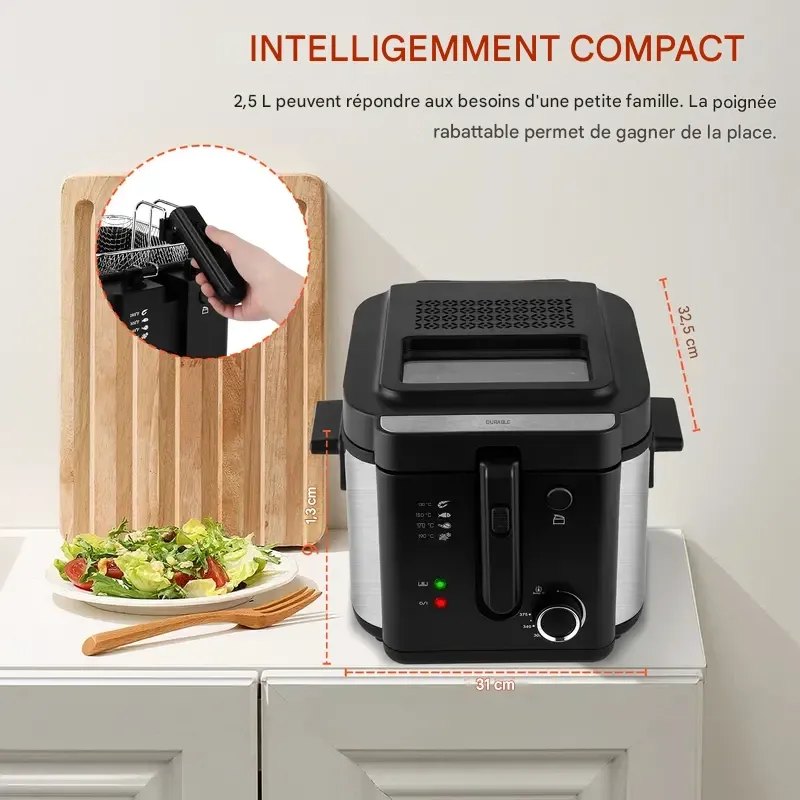 Friteuse SUSTEAS avec panier, friteuse électrique 1500 W, contrôle de la température, couvercle amovible, cuve intérieure antiadhésive de 2,6 L, facile à nettoyer.