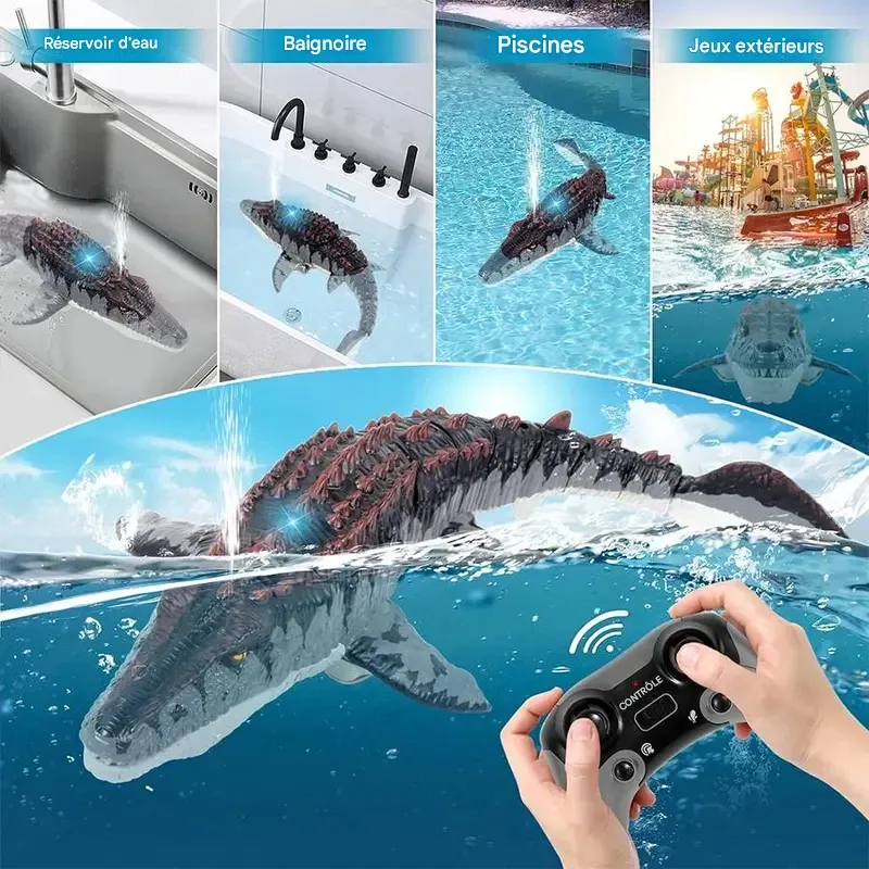Dinosaure Mosasaure télécommandé, 1 dinosaure électrique rechargeable avec effets lumineux et jets d'eau, jouet pour la piscine, le bain, le lac et la mer