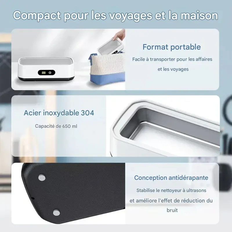 Nettoyeur à ultrasons avec cuve en acier inoxydable 304. Appareil de nettoyage sonique pour lunettes, bagues, bracelets de montre, prothèses dentaires, appareils de contention, pièces de monnaie, outils de maquillage et petites pièces métalliques. Usage domestique et en voyage.