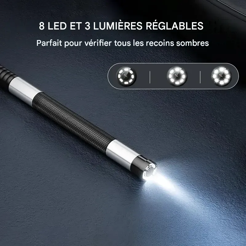 Caméra endoscopique bidirectionnelle SHEKAR 0,33 po x 0,23 po avec carte mémoire 32 Go, endoscope étanche rotatif à 360° avec lumière, caméra serpent articulée, idéale pour l'inspection automobile, mécanique, murale, de véhicules, de canalisations et le bricolage.