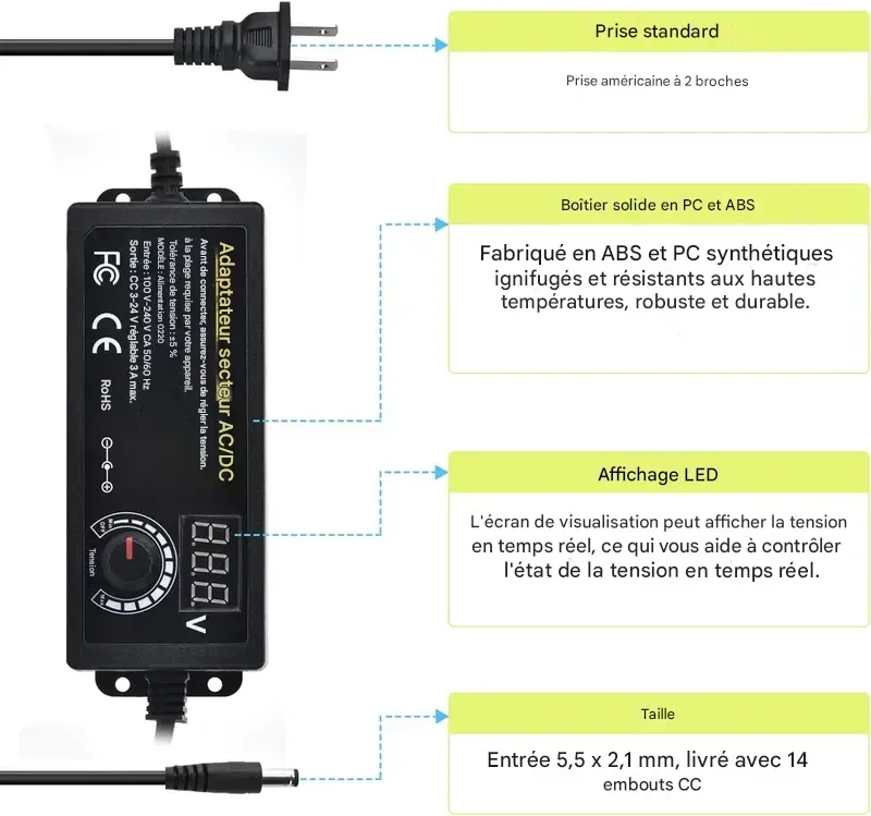 Alimentation universelle SnapFixMate, convertisseur de prise, réglable de 3,5 à 24 V à 2 A, adaptateur secteur CC, prise américaine, avec écran LCD et affichage numérique, câblage pour inversion de polarité inclus et 14 connecteurs.