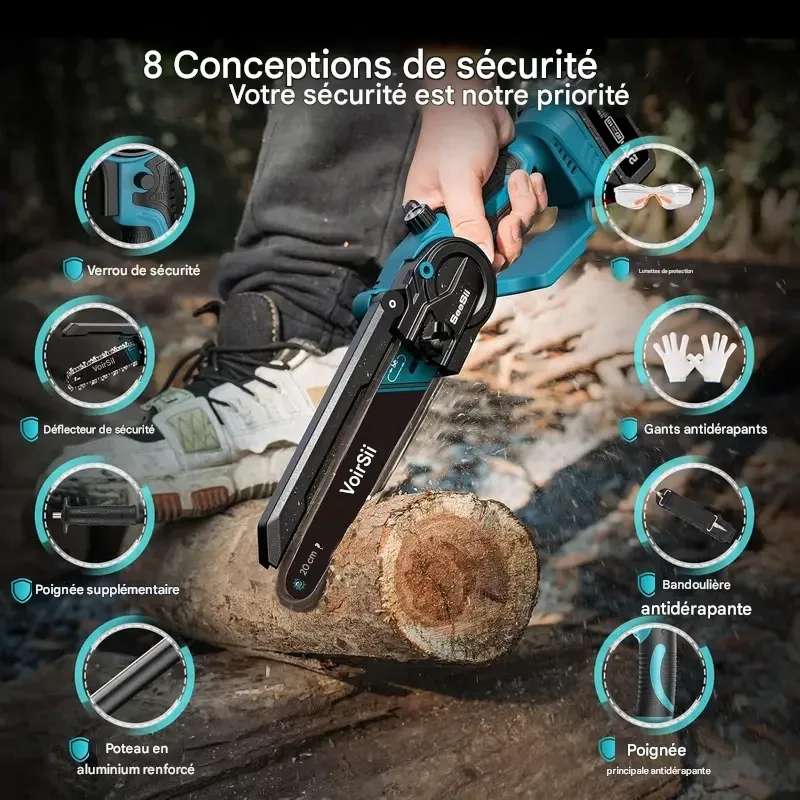 Scie à perche sans fil 2 en 1 SeeSii Power de 20 cm (8 pouces) pour l'élagage d'arbres, avec 2 batteries de 4,0 Ah, tronçonneuse avec rallonge, coupe-branches P8 Ace CS300Pro-APS61 CH800B