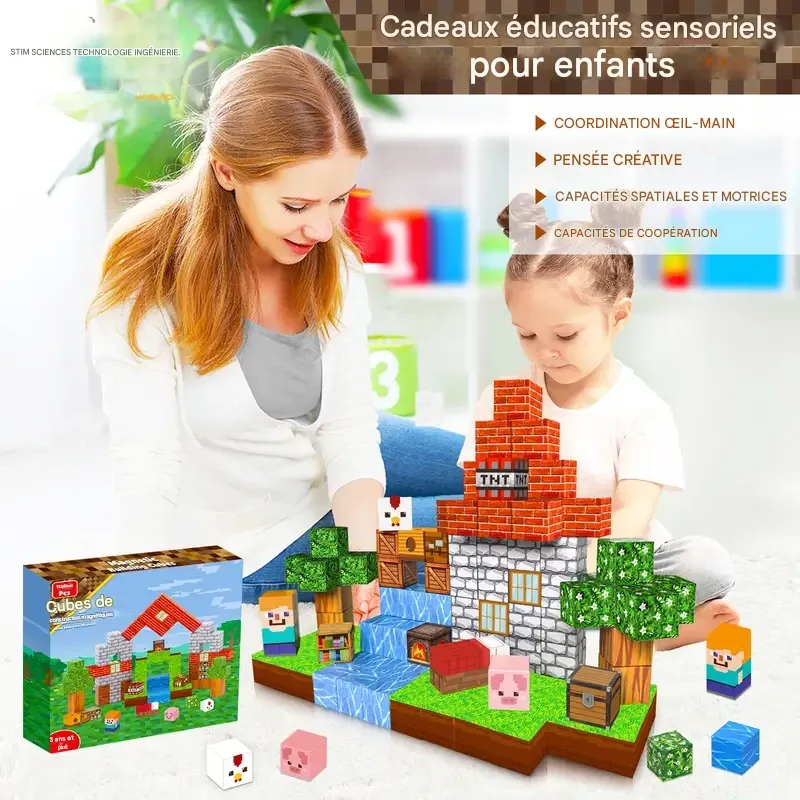 Blocs magnétiques - 100 pièces de blocs de construction magnétiques, tuiles magnétiques à empiler, ensemble de construction de monde magnétique, jouets sensoriels STEM Montessori, blocs magnétiques, cubes, créativité, amusement en plein air, blocs magnétiques Minecraft