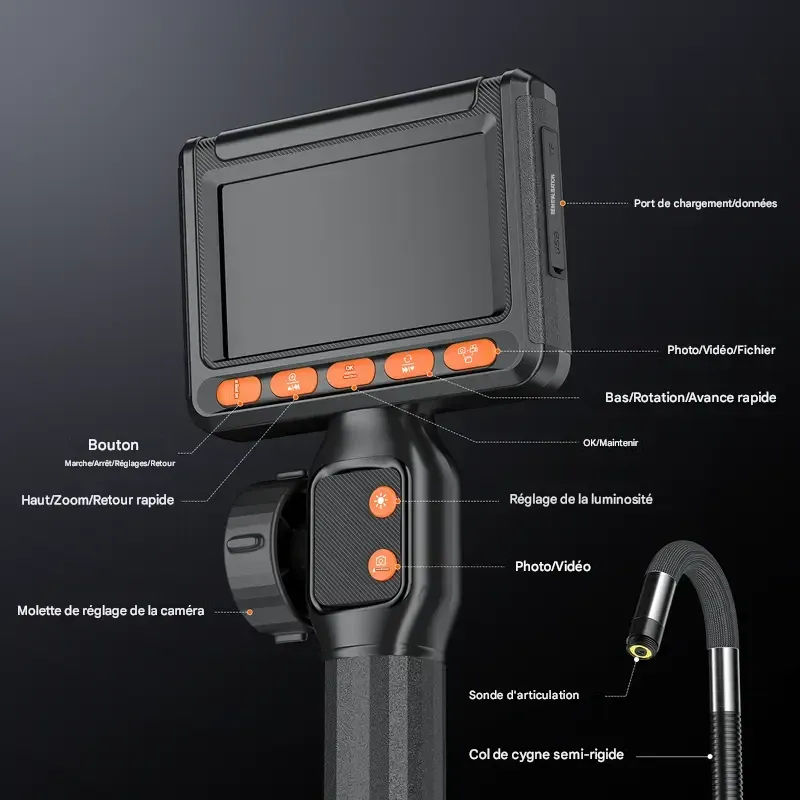 Caméra endoscopique bidirectionnelle SHEKAR 0,33 po x 0,23 po avec carte mémoire 32 Go, endoscope étanche rotatif à 360° avec lumière, caméra serpent articulée, idéale pour l'inspection automobile, mécanique, murale, de véhicules, de canalisations et le bricolage.