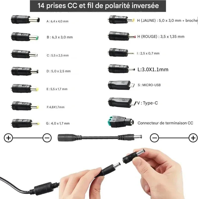Alimentation universelle SnapFixMate, convertisseur de prise, réglable de 3,5 à 24 V à 2 A, adaptateur secteur CC, prise américaine, avec écran LCD et affichage numérique, câblage pour inversion de polarité inclus et 14 connecteurs.