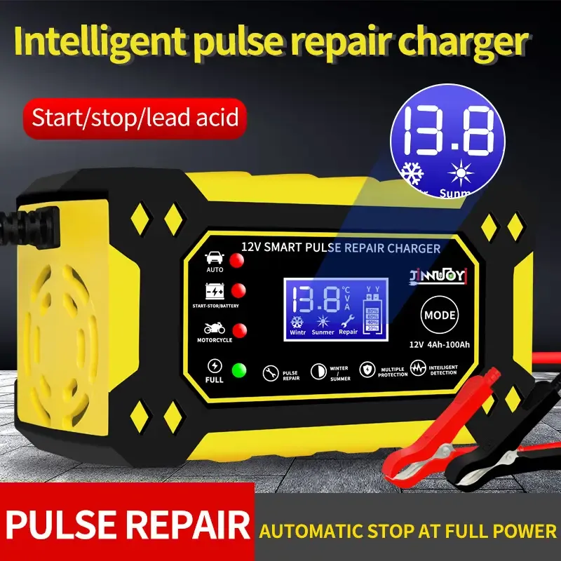 Chargeur de batterie intelligent 12 V 6 A avec réparation par impulsions et affichage numérique – Multimode, multiprotection pour batteries plomb-acide de voitures, motos et SUV (prise UE), batterie rechargeable