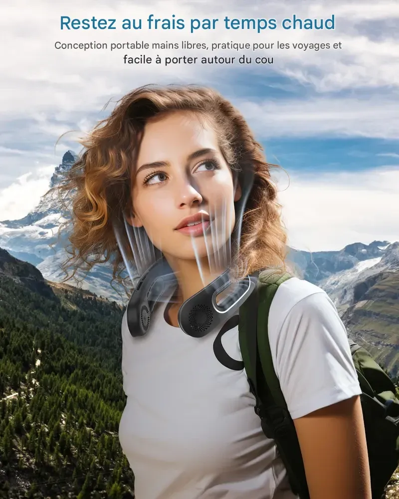 Ventilateur de cou mains libres sans pales, portable et rechargeable, avec ventilation à 360°, 4 vitesses, silencieux, batterie 5200 mAh, alimentation USB. Idéal comme cadeau pour les femmes, les voyages et les activités de plein air.