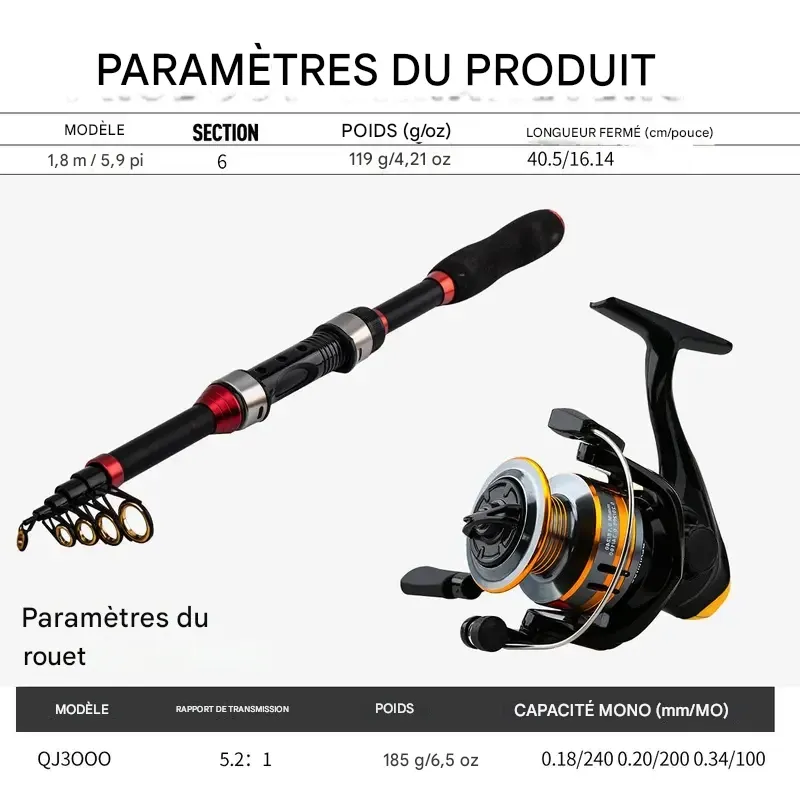 Kit d'accessoires de pêche portable pour la pêche en extérieur : canne à pêche télescopique de 1,8 m, moulinet, sac de pêche et leurres.