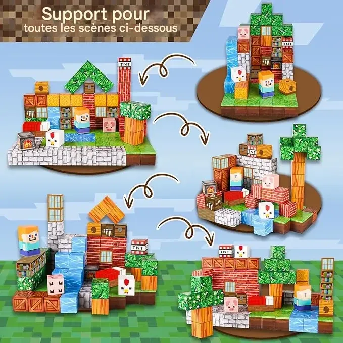 Blocs magnétiques - 100 pièces de blocs de construction magnétiques, tuiles magnétiques à empiler, ensemble de construction de monde magnétique, jouets sensoriels STEM Montessori, blocs magnétiques, cubes, créativité, amusement en plein air, blocs magnétiques Minecraft