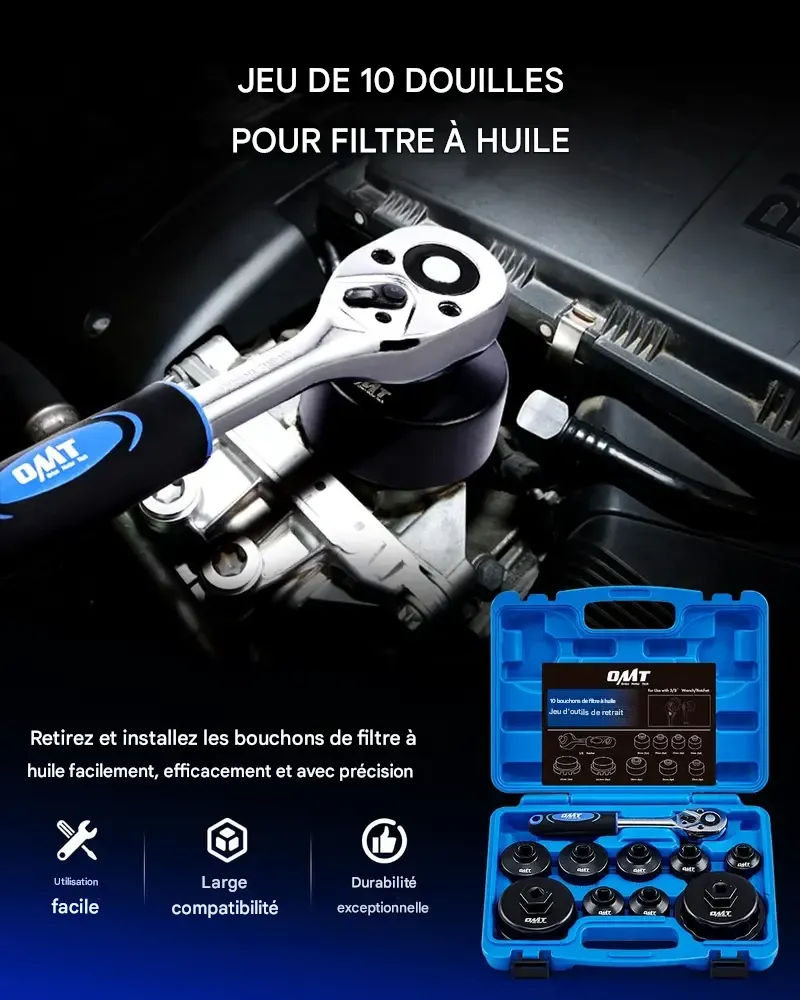 Jeu de 10 douilles Orion Motor Tech pour filtre à huile, profil bas, pour le démontage et la pose du bouchon de filtre à huile (24 mm, 27 mm, 29 mm, 30 mm, 32 mm, 36 mm, 38 mm). Compatible CR-V avec Toyota, VW, BMW et Mercedes. Entretien automobile.