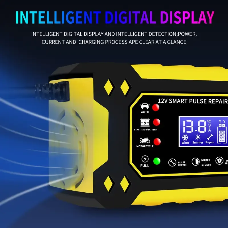 Chargeur de batterie intelligent 12 V 6 A avec réparation par impulsions et affichage numérique – Multimode, multiprotection pour batteries plomb-acide de voitures, motos et SUV (prise UE), batterie rechargeable