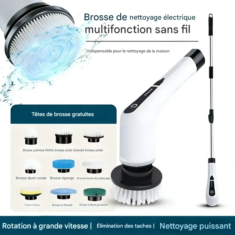 Brosse de nettoyage électrique rotative sans fil, étanche IPX7, utilisable sur de nombreuses surfaces, longue autonomie, 5 vitesses réglables, poignée extensible, 9 têtes de brosse interchangeables, kit de nettoyage multi-usages pour salle de bain et cuisine.