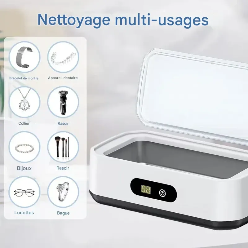 Nettoyeur à ultrasons avec cuve en acier inoxydable 304. Appareil de nettoyage sonique pour lunettes, bagues, bracelets de montre, prothèses dentaires, appareils de contention, pièces de monnaie, outils de maquillage et petites pièces métalliques. Usage domestique et en voyage.