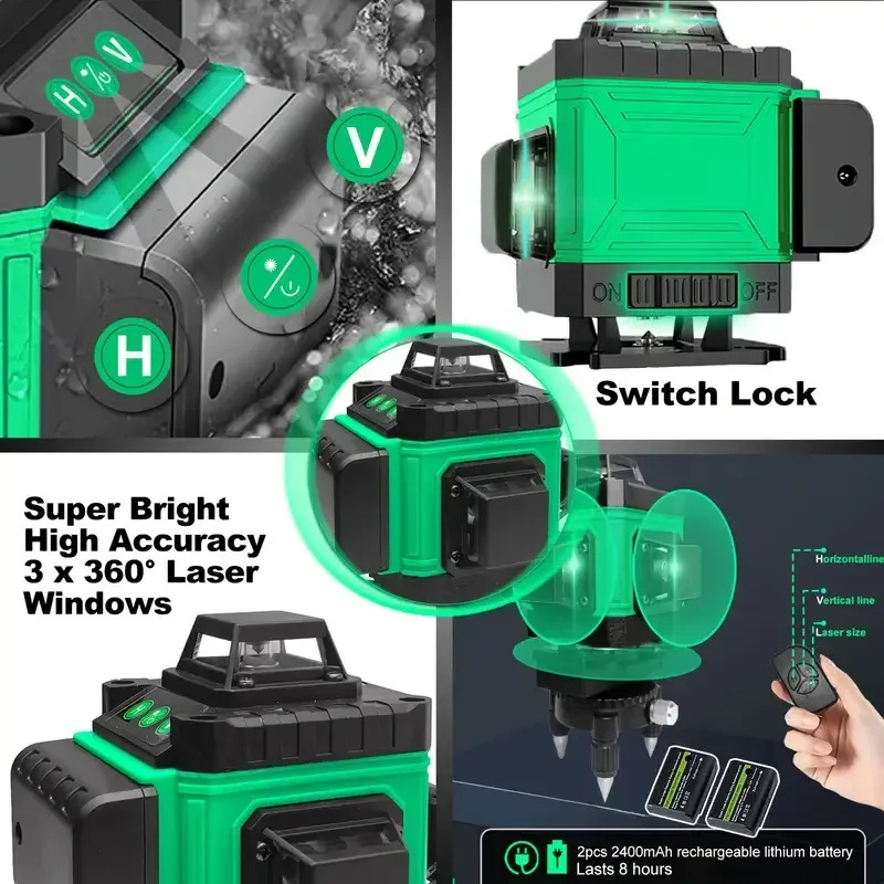 Niveau laser 4D 16 lignes - Mesure de ligne croisée rotative autonivelante à 360° avec 2 piles pour des mesures précises de distance et d'angle