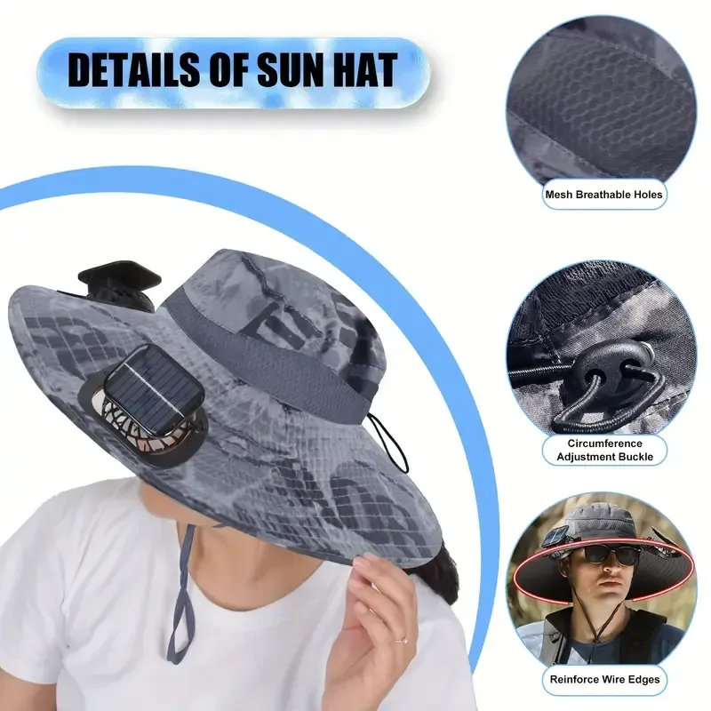 Ayamaya Solar Fan Sun Hat, Widen Brim Outdoor Fishing Men Hat With 2 Fans, Adjsutable 180°Rotating Fan Cooling UPF 50+ Hat