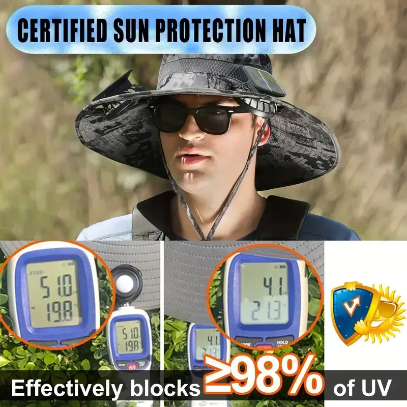 Ayamaya Solar Fan Sun Hat, Widen Brim Outdoor Fishing Men Hat With 2 Fans, Adjsutable 180°Rotating Fan Cooling UPF 50+ Hat