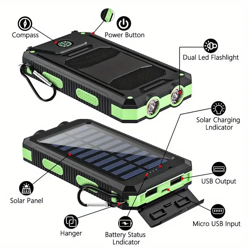 1pc, 10000mAh Capacity Portable Charger Solar Power Bank Dual 5V USB Ports Output With LED Flashlight, Compass For Mobile Phones, Mobile Devices, Travel, And Camping External Backup Battery Pack, The Best Gift For Festival