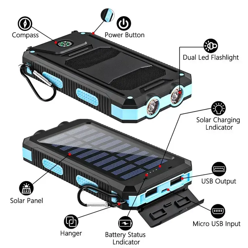 1pc, 10000mAh Capacity Portable Charger Solar Power Bank Dual 5V USB Ports Output With LED Flashlight, Compass For Mobile Phones, Mobile Devices, Travel, And Camping External Backup Battery Pack, The Best Gift For Festival