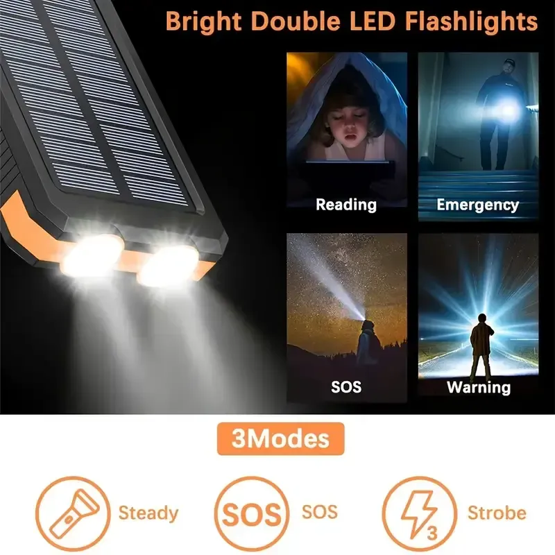 1pc, 10000mAh Capacity Portable Charger Solar Power Bank Dual 5V USB Ports Output With LED Flashlight, Compass For Mobile Phones, Mobile Devices, Travel, And Camping External Backup Battery Pack, The Best Gift For Festival